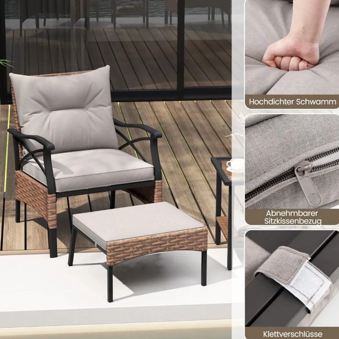 5tlg. Gartenmöbel Set aus PE-Polyrattan inkl. Hocker & Tisch & 2 Stühle mit Kissen Balkonset