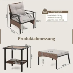 5tlg. Gartenmöbel Set aus PE-Polyrattan inkl. Hocker & Tisch & 2 Stühle mit Kissen Balkonset