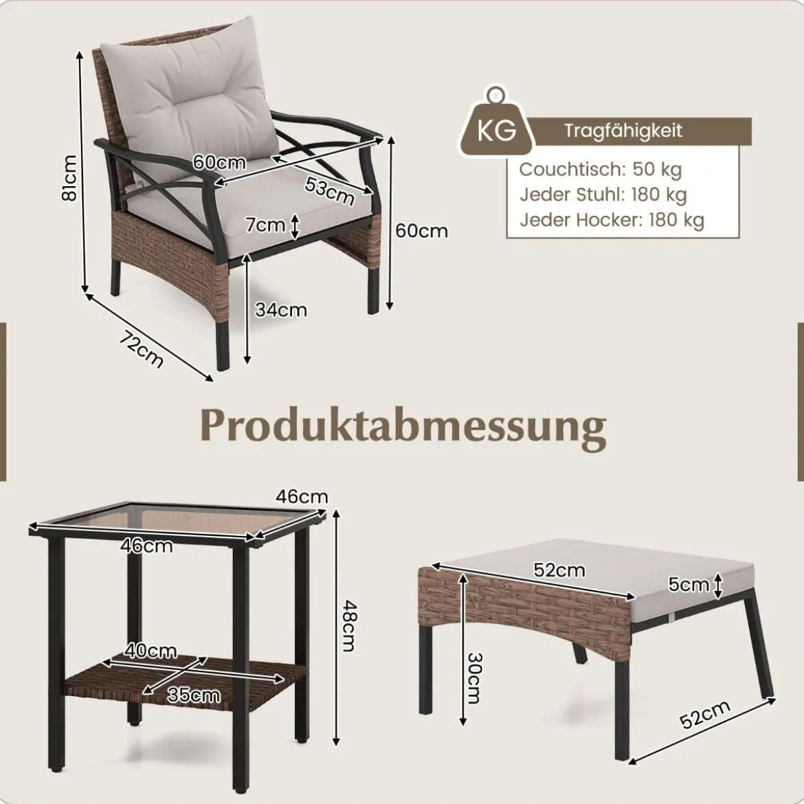 5tlg. Gartenmöbel Set aus PE-Polyrattan inkl. Hocker & Tisch & 2 Stühle mit Kissen Balkonset