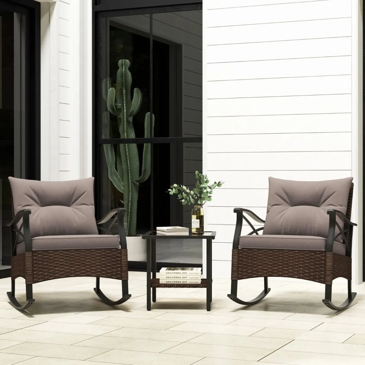3tlg. Gartenmöbel Set aus PE-Polyrattan inkl. 2 Schaukelstühle mit Kissen & Tisch Balkonmöbel