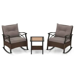 3tlg. Gartenmöbel Set aus PE-Polyrattan inkl. 2 Schaukelstühle mit Kissen & Tisch Balkonmöbel