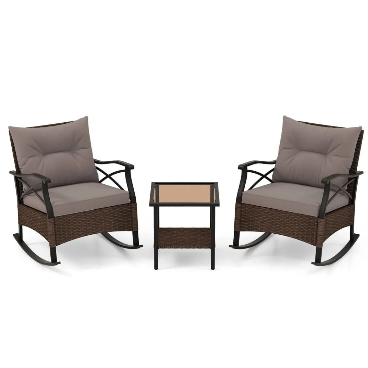 3tlg. Gartenmöbel Set aus PE-Polyrattan inkl. 2 Schaukelstühle mit Kissen & Tisch Balkonmöbel