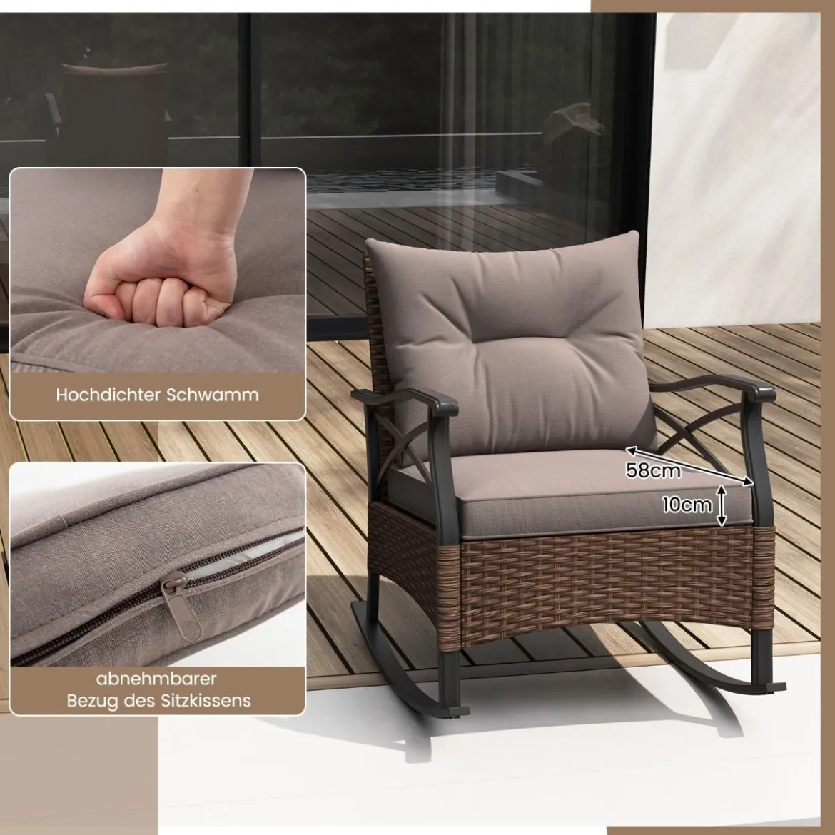 3tlg. Gartenmöbel Set aus PE-Polyrattan inkl. 2 Schaukelstühle mit Kissen & Tisch Balkonmöbel