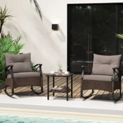 3tlg. Gartenmöbel Set aus PE-Polyrattan inkl. 2 Schaukelstühle mit Kissen & Tisch Balkonmöbel