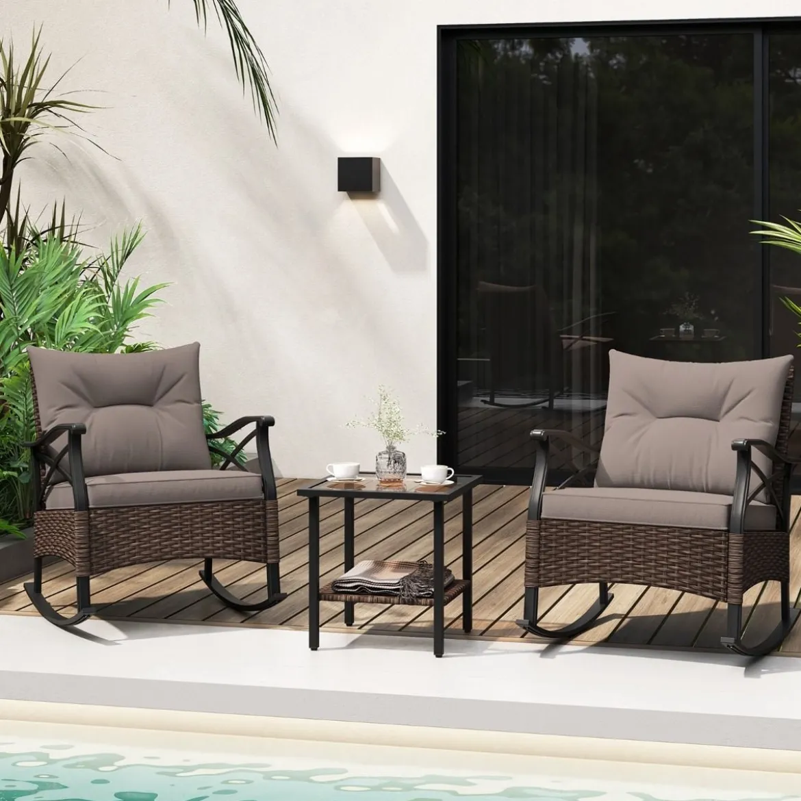 3tlg. Gartenmöbel Set aus PE-Polyrattan inkl. 2 Schaukelstühle mit Kissen & Tisch Balkonmöbel