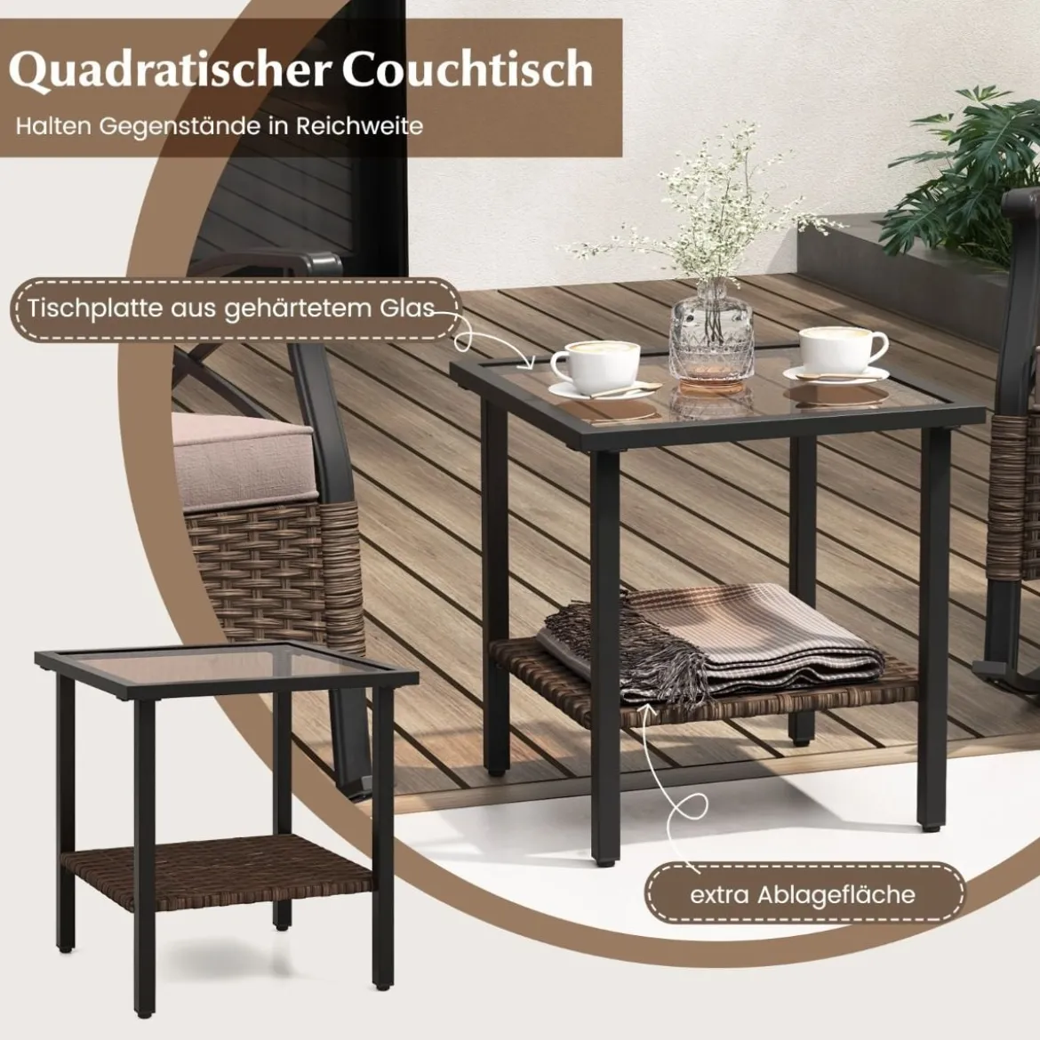 3tlg. Gartenmöbel Set aus PE-Polyrattan inkl. 2 Schaukelstühle mit Kissen & Tisch Balkonmöbel