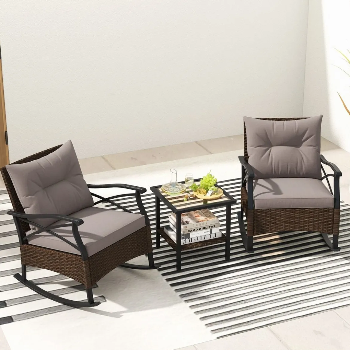 3tlg. Gartenmöbel Set aus PE-Polyrattan inkl. 2 Schaukelstühle mit Kissen & Tisch Balkonmöbel