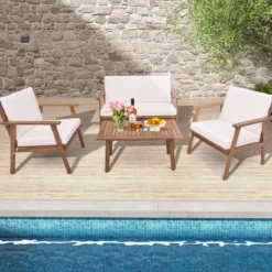 4-TLG. Gartenmöbel Set Balkonmöbel aus Akazienholz Terrassenmöbel mit Sitz- und Rückenkissen Weiß