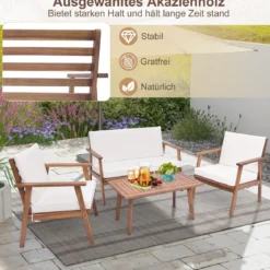 4-TLG. Gartenmöbel Set Balkonmöbel aus Akazienholz Terrassenmöbel mit Sitz- und Rückenkissen Weiß