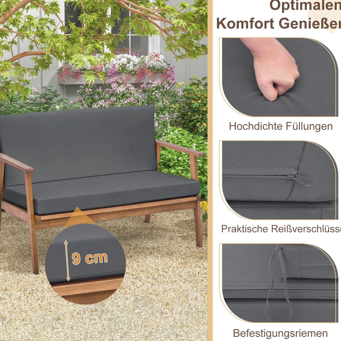 4-TLG. Gartenmöbel Set Balkonmöbel aus Akazienholz Terrassenmöbel mit Sitz- und Rückenkissen Grau