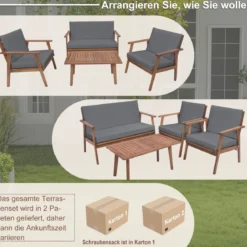 4-TLG. Gartenmöbel Set Balkonmöbel aus Akazienholz Terrassenmöbel mit Sitz- und Rückenkissen Grau