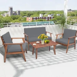 4-TLG. Gartenmöbel Set Balkonmöbel aus Akazienholz Terrassenmöbel mit Sitz- und Rückenkissen Grau