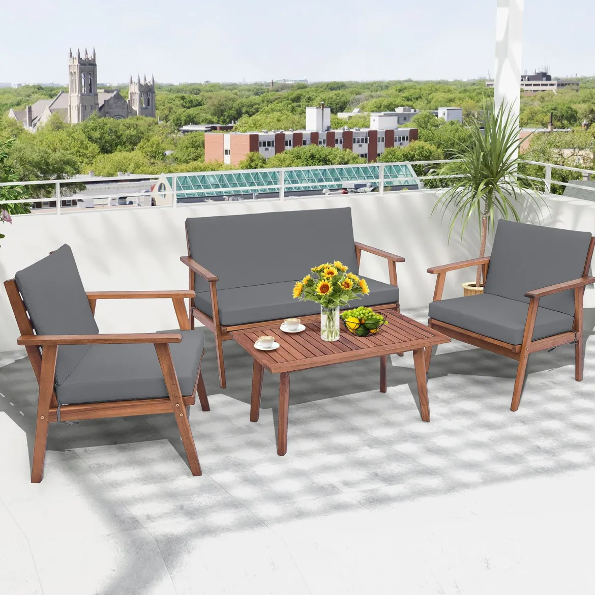 4-TLG. Gartenmöbel Set Balkonmöbel aus Akazienholz Terrassenmöbel mit Sitz- und Rückenkissen Grau