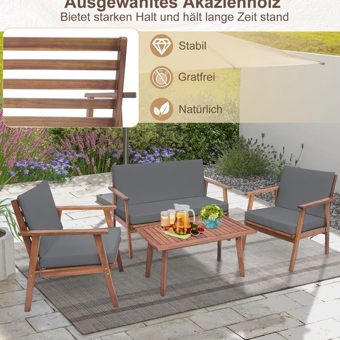 4-TLG. Gartenmöbel Set Balkonmöbel aus Akazienholz Terrassenmöbel mit Sitz- und Rückenkissen Grau