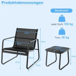3-TLG. Gartenmöbel Set Balkonset mit 2 Stühlen und Tisch Balkonmöbel mit atmungsaktivem Stoff Schwarz