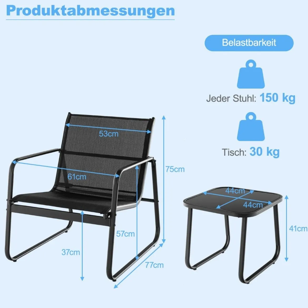 3-TLG. Gartenmöbel Set Balkonset mit 2 Stühlen und Tisch Balkonmöbel mit atmungsaktivem Stoff Schwarz