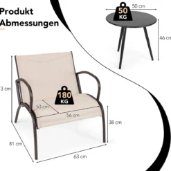 3-TLG. Gartenmöbel Set Balkonset mit 2 Stühlen & Tisch Balkonmöbel mit Breiter Sitzfläche