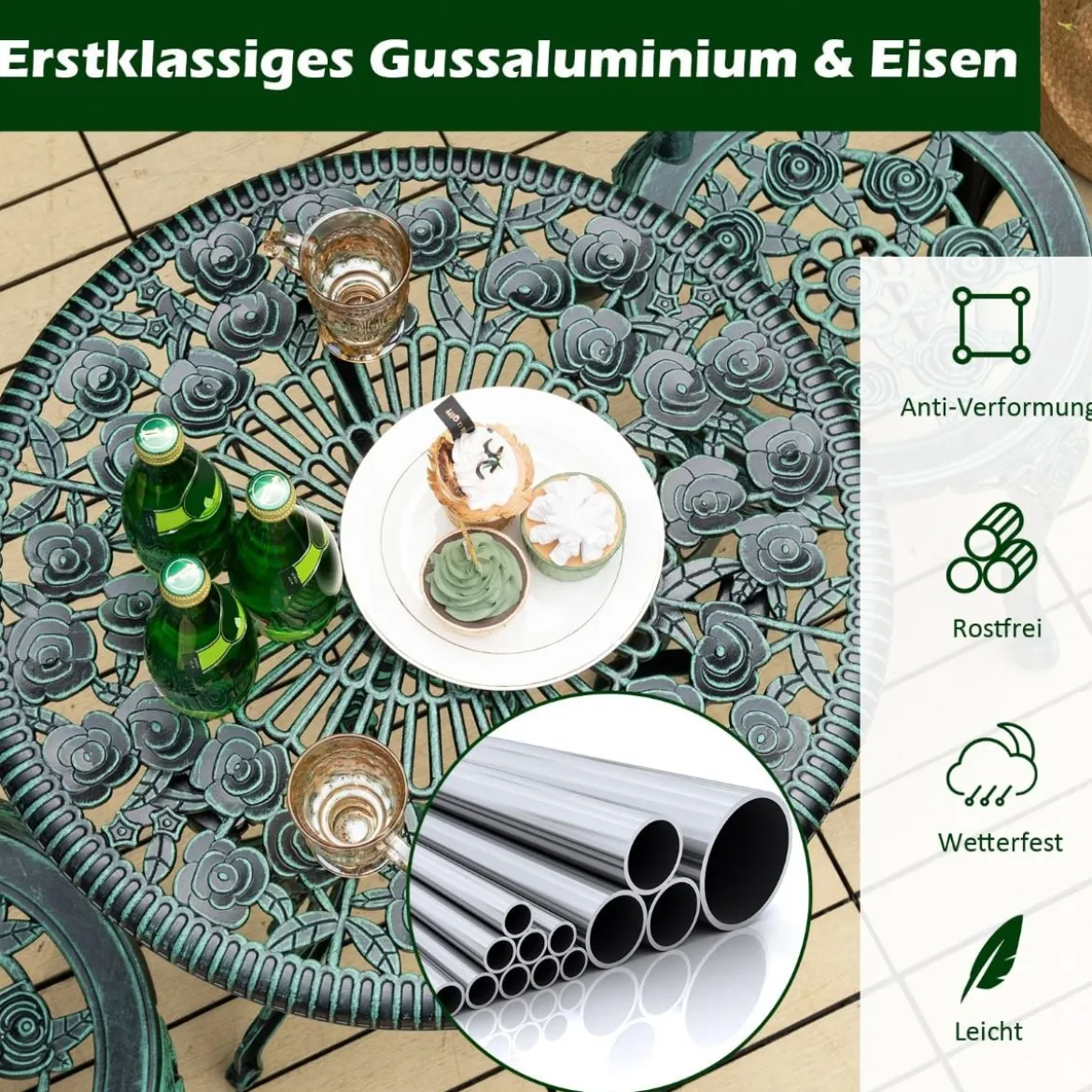3-tlg. Gartenmöbel Set Balkonset mit 2 Stühle & Tisch aus Aluminiumguss & Gusseisen Rosen