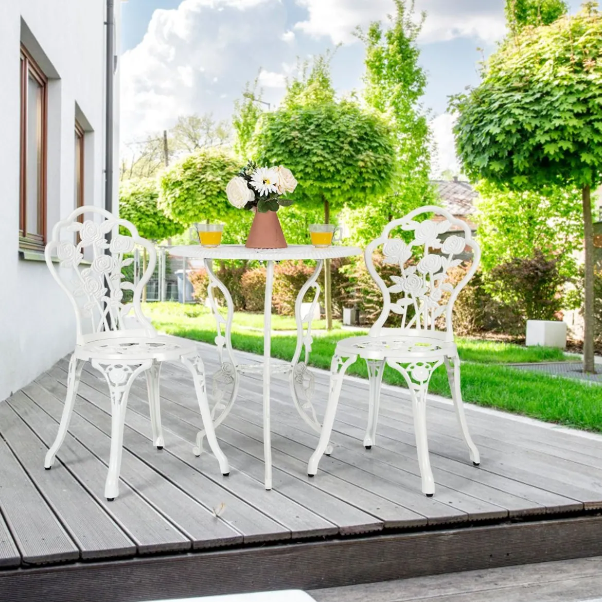3-tlg. Gartenmöbel Set Balkonset mit 2 Stühle & Tisch aus Aluminiumguss & Gusseisen Rosen