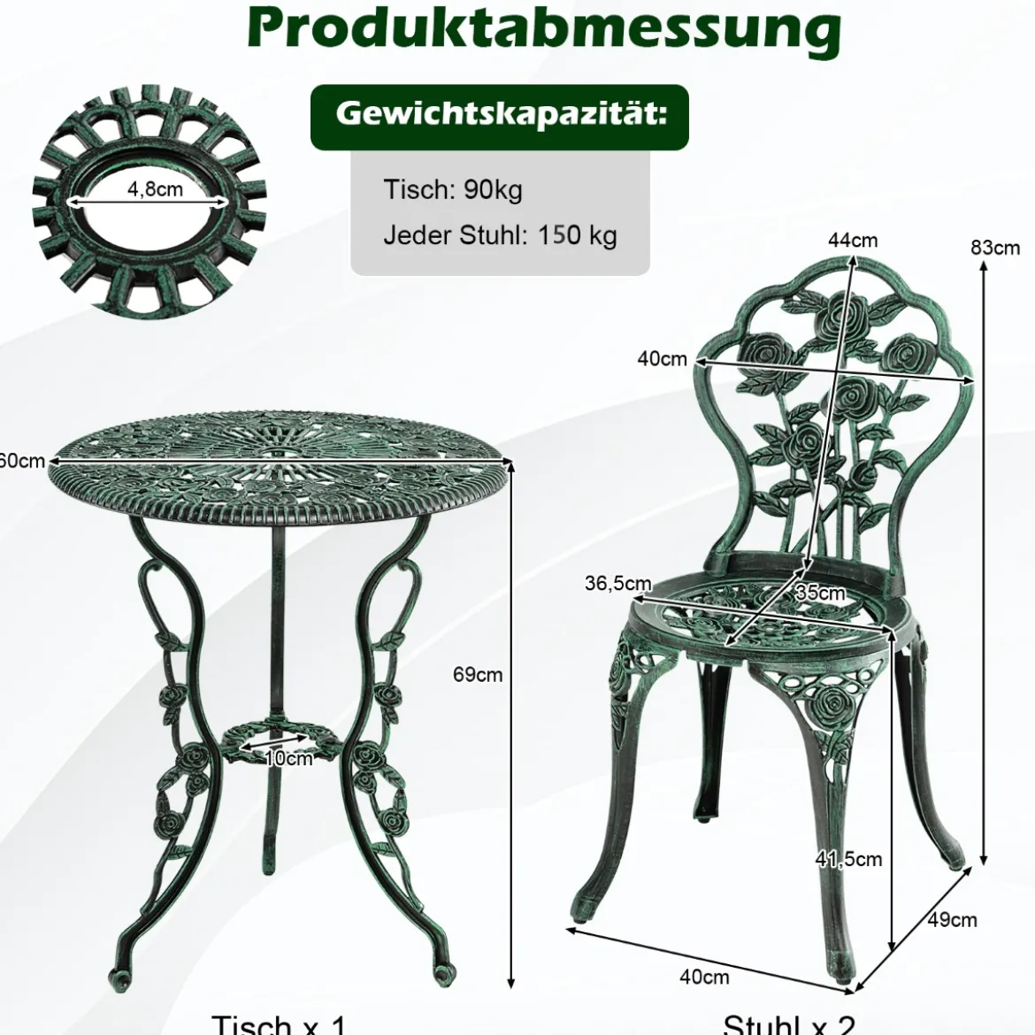 3-tlg. Gartenmöbel Set Balkonset mit 2 Stühle & Tisch aus Aluminiumguss & Gusseisen Rosen