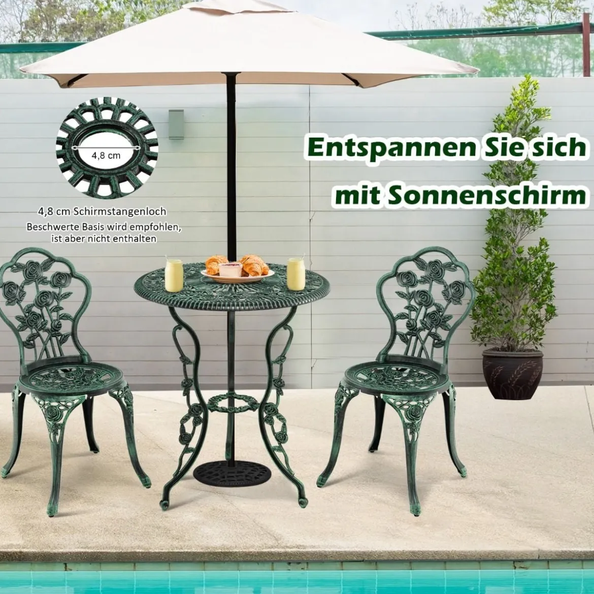 3-tlg. Gartenmöbel Set Balkonset mit 2 Stühle & Tisch aus Aluminiumguss & Gusseisen Rosen