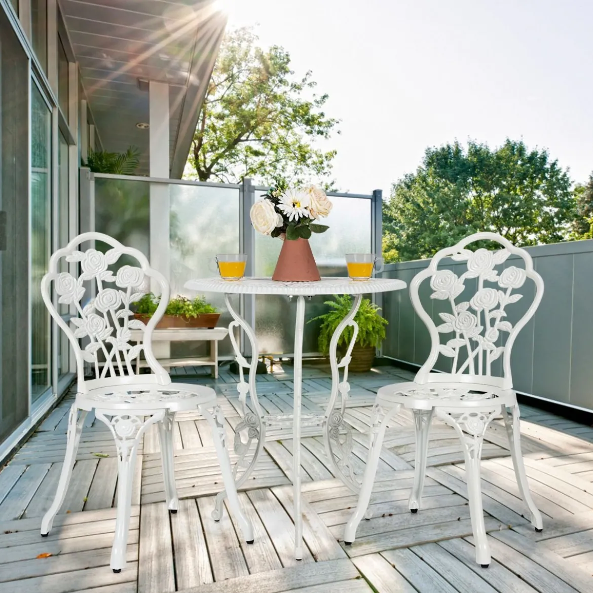 3-tlg. Gartenmöbel Set Balkonset mit 2 Stühle & Tisch aus Aluminiumguss & Gusseisen Rosen