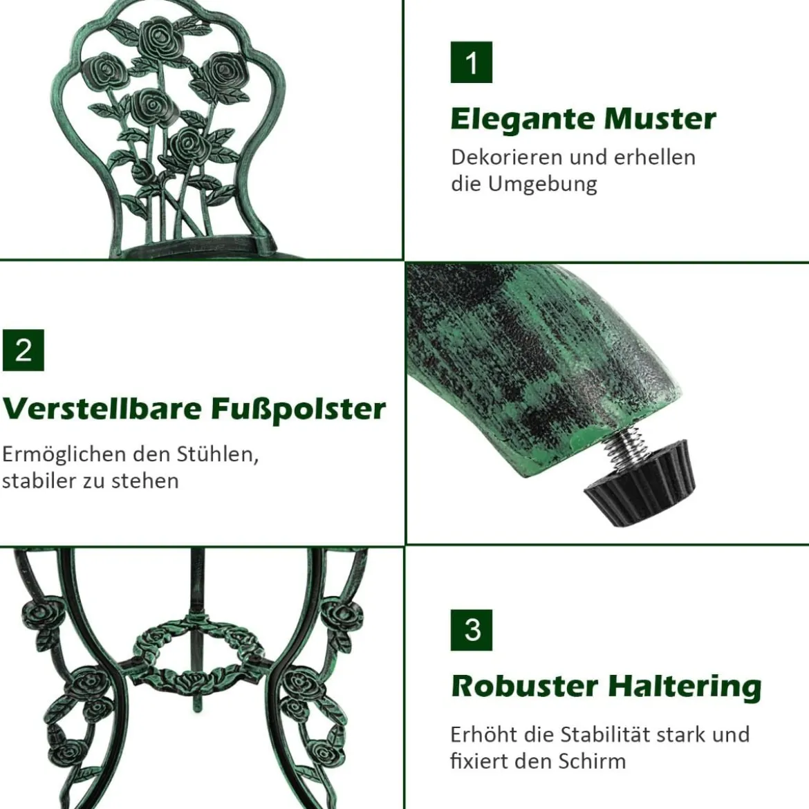 3-tlg. Gartenmöbel Set Balkonset mit 2 Stühle & Tisch aus Aluminiumguss & Gusseisen Rosen