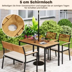 4-TLG. Gartenmöbel Set Essgruppe aus Akazienholz mit Metallrahmen Balkonmöbel mit Tisch 2 Stühle & Sitzbank