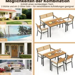 4-TLG. Gartenmöbel Set Essgruppe aus Akazienholz mit Metallrahmen Balkonmöbel mit Tisch 2 Stühle & Sitzbank