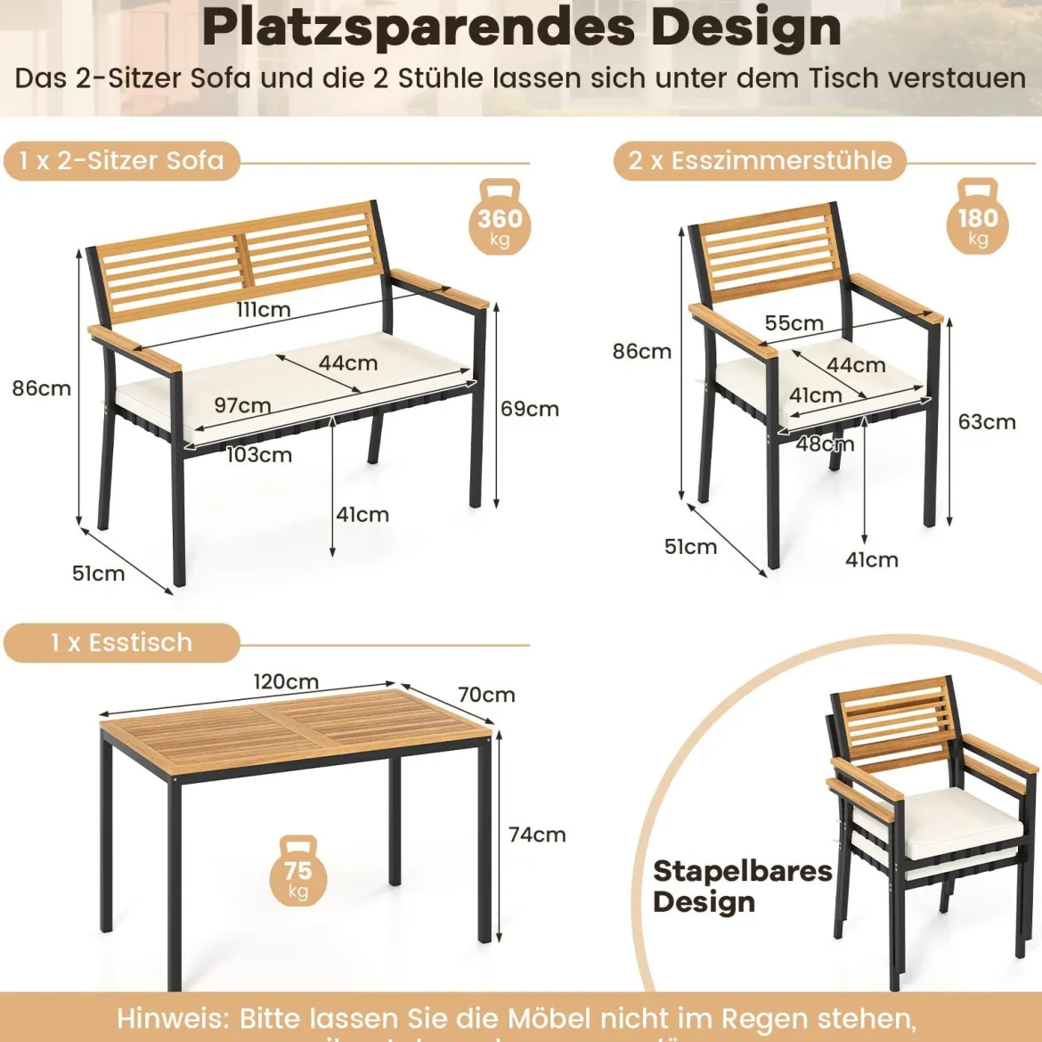 4-TLG. Gartenmöbel Set Essgruppe aus Akazienholz mit Metallrahmen Balkonmöbel mit Tisch 2 Stühle & Sitzbank