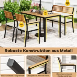 4-TLG. Gartenmöbel Set Essgruppe aus Akazienholz mit Metallrahmen Balkonmöbel mit Tisch 2 Stühle & Sitzbank