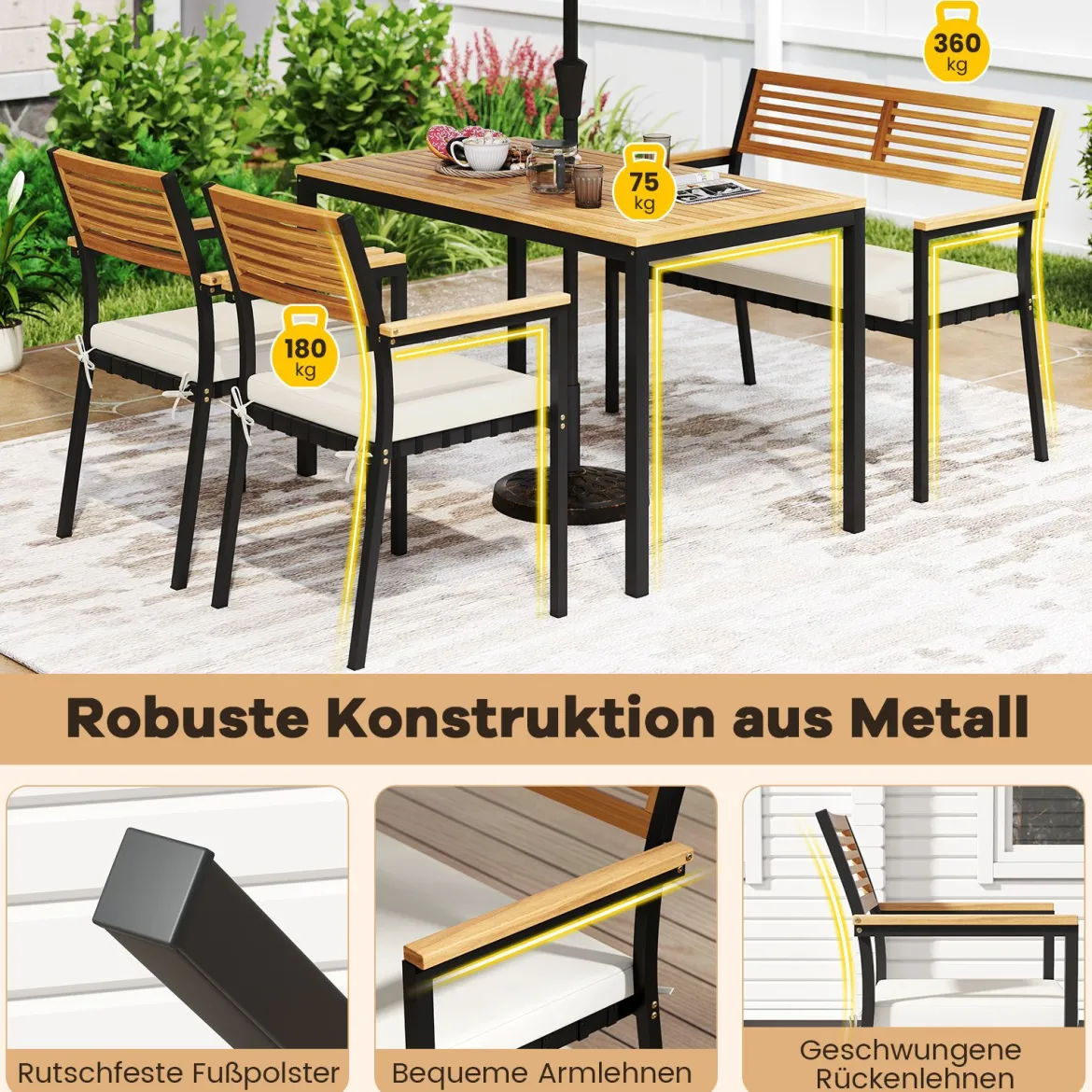 4-TLG. Gartenmöbel Set Essgruppe aus Akazienholz mit Metallrahmen Balkonmöbel mit Tisch 2 Stühle & Sitzbank