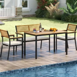 4-TLG. Gartenmöbel Set Essgruppe aus Akazienholz mit Metallrahmen Balkonmöbel mit Tisch 2 Stühle & Sitzbank