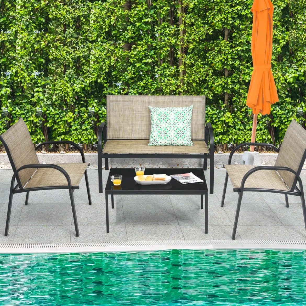 4 TLG. Gartenmöbel Set mit Bank & 2 Stühlen & Couchtisch Lounge Balkonmöbel Set Braun
