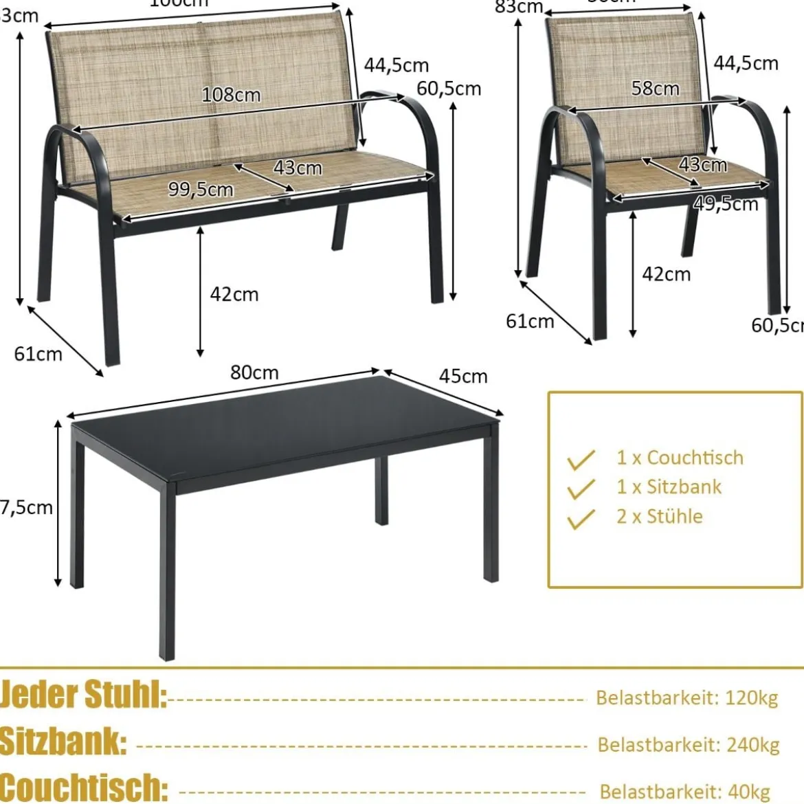 4 TLG. Gartenmöbel Set mit Bank & 2 Stühlen & Couchtisch Lounge Balkonmöbel Set Braun
