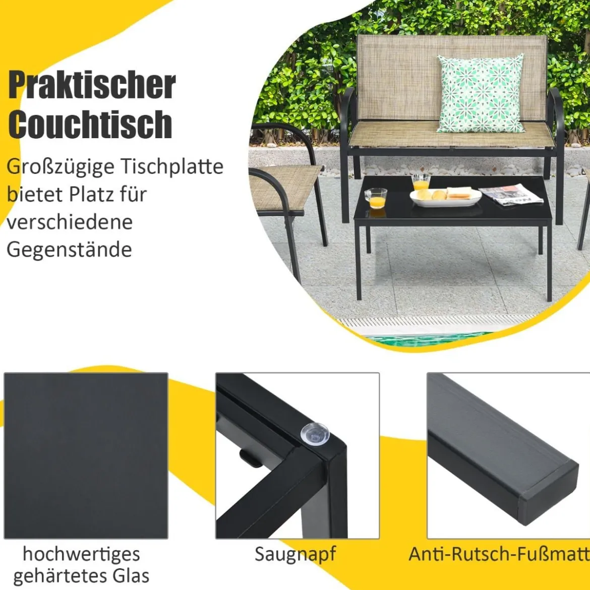 4 TLG. Gartenmöbel Set mit Bank & 2 Stühlen & Couchtisch Lounge Balkonmöbel Set Braun