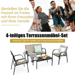 4 TLG. Gartenmöbel Set mit Bank & 2 Stühlen & Couchtisch Lounge Balkonmöbel Set Braun