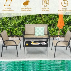4 TLG. Gartenmöbel Set mit Bank & 2 Stühlen & Couchtisch Lounge Balkonmöbel Set Braun