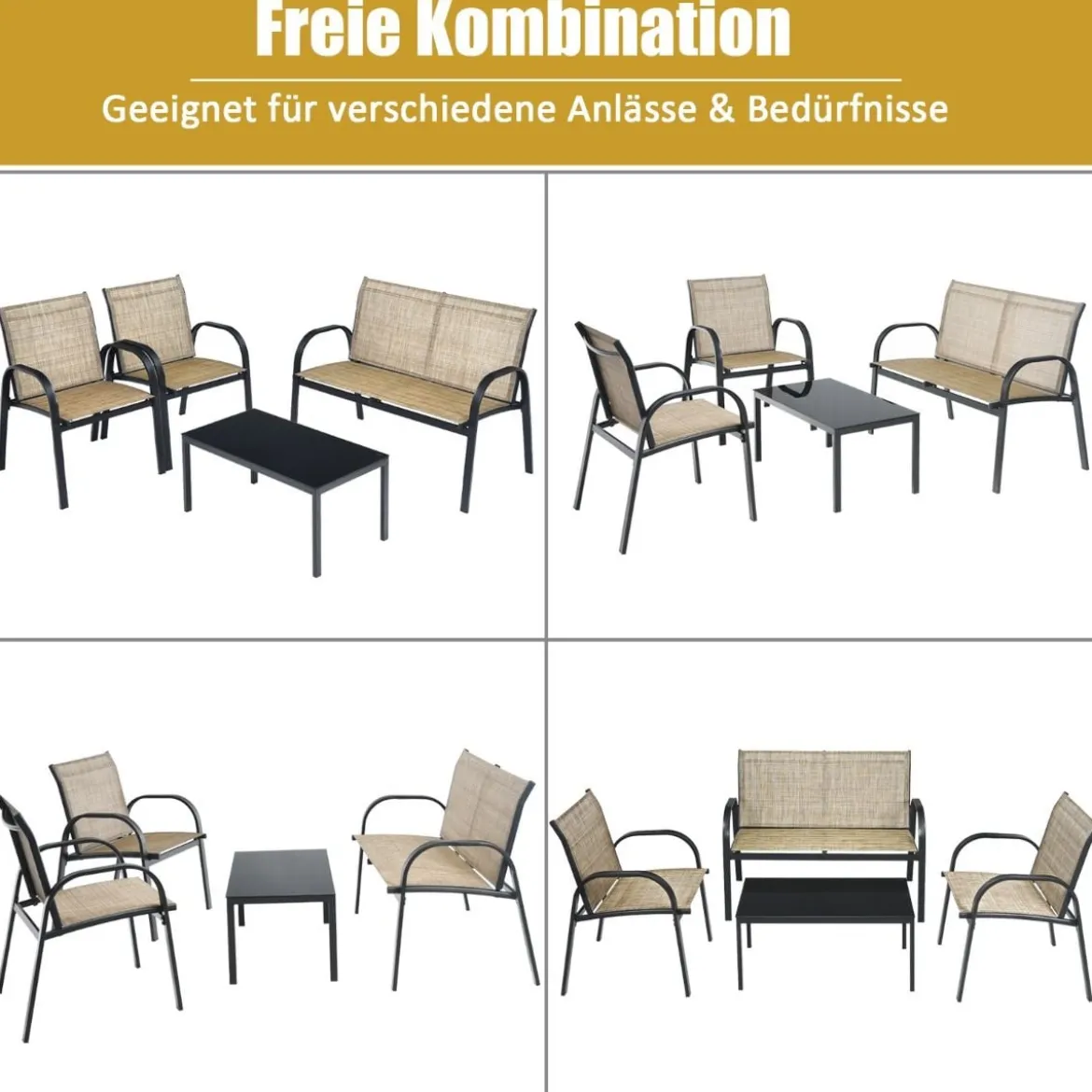 4 TLG. Gartenmöbel Set mit Bank & 2 Stühlen & Couchtisch Lounge Balkonmöbel Set Braun