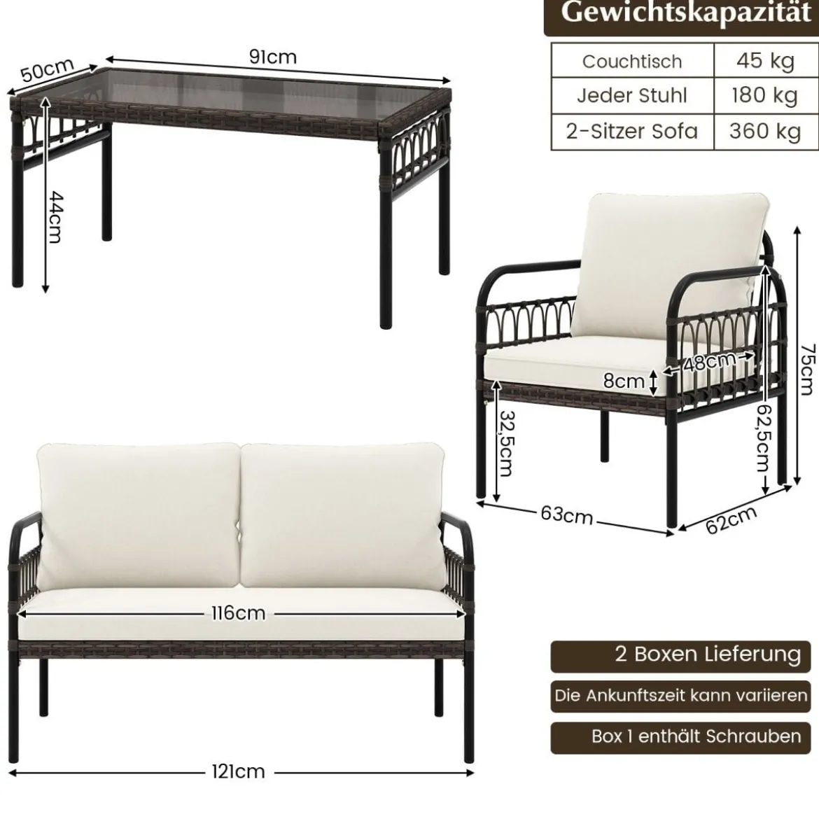 4tlg. Gartenmöbel Set mit 2 Rattansessel & Gartenbank & Glastisch & Kissen Braun + Beige