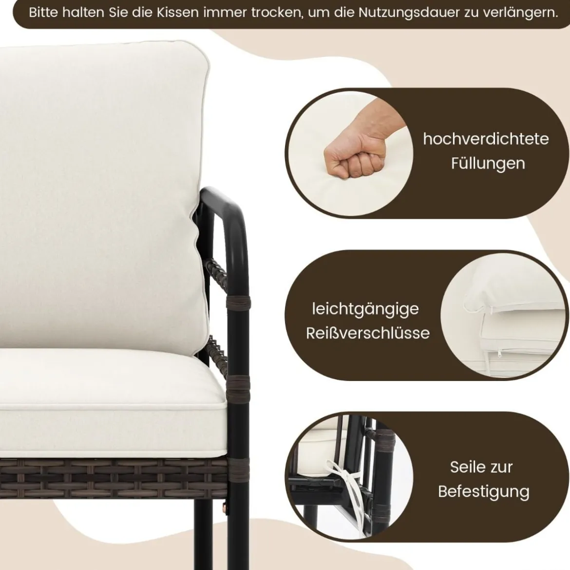 4tlg. Gartenmöbel Set mit 2 Rattansessel & Gartenbank & Glastisch & Kissen Braun + Beige