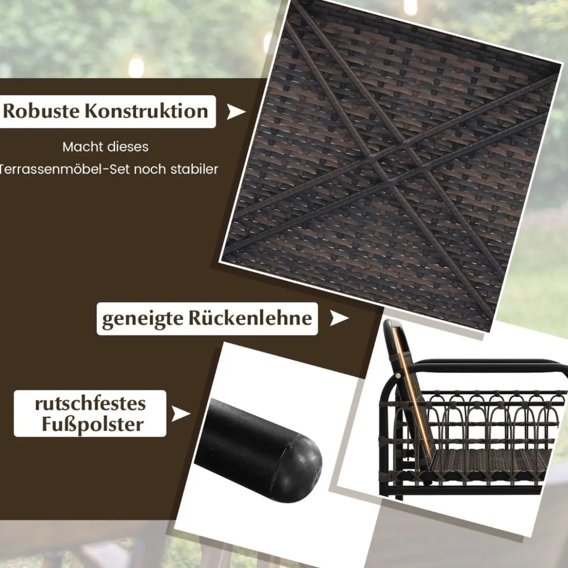 4tlg. Gartenmöbel Set mit 2 Rattansessel & Gartenbank & Glastisch & Kissen Braun + Beige