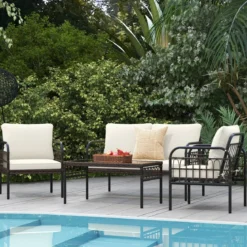 4tlg. Gartenmöbel Set mit 2 Rattansessel & Gartenbank & Glastisch & Kissen Braun + Beige