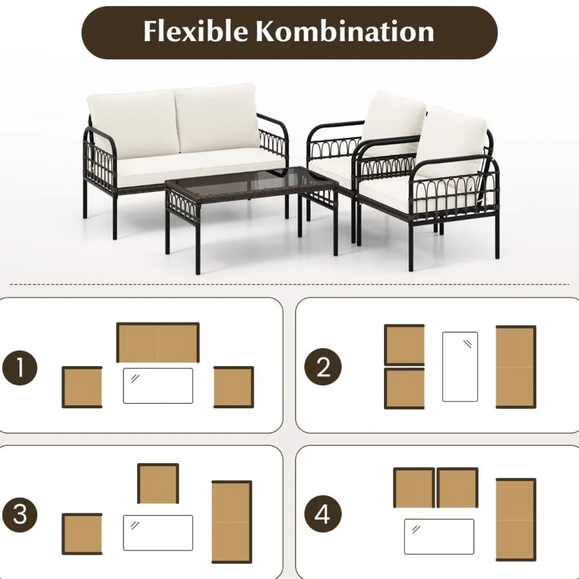 4tlg. Gartenmöbel Set mit 2 Rattansessel & Gartenbank & Glastisch & Kissen Braun + Beige