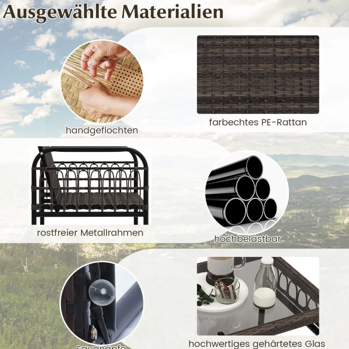 4tlg. Gartenmöbel Set mit 2 Rattansessel & Gartenbank & Glastisch & Kissen Braun + Beige