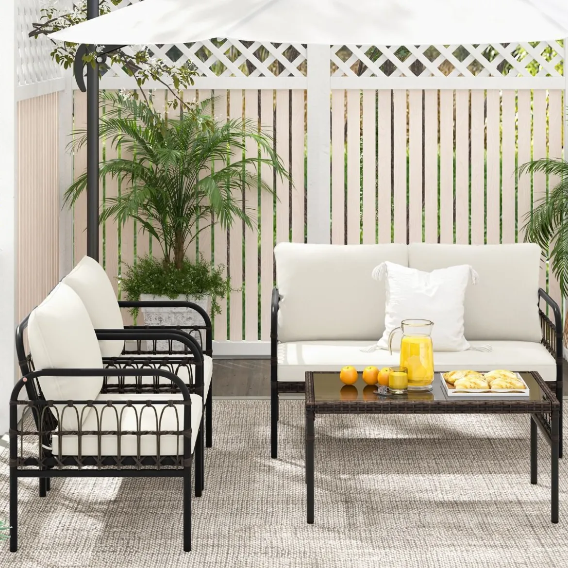 4tlg. Gartenmöbel Set mit 2 Rattansessel & Gartenbank & Glastisch & Kissen Braun + Beige