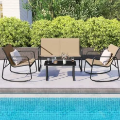 4-tlg. Gartenmöbel Set mit Sanfter Schaukelbewegung Terrassenmöbel Sitzgruppe Sitzgarnitur Braun