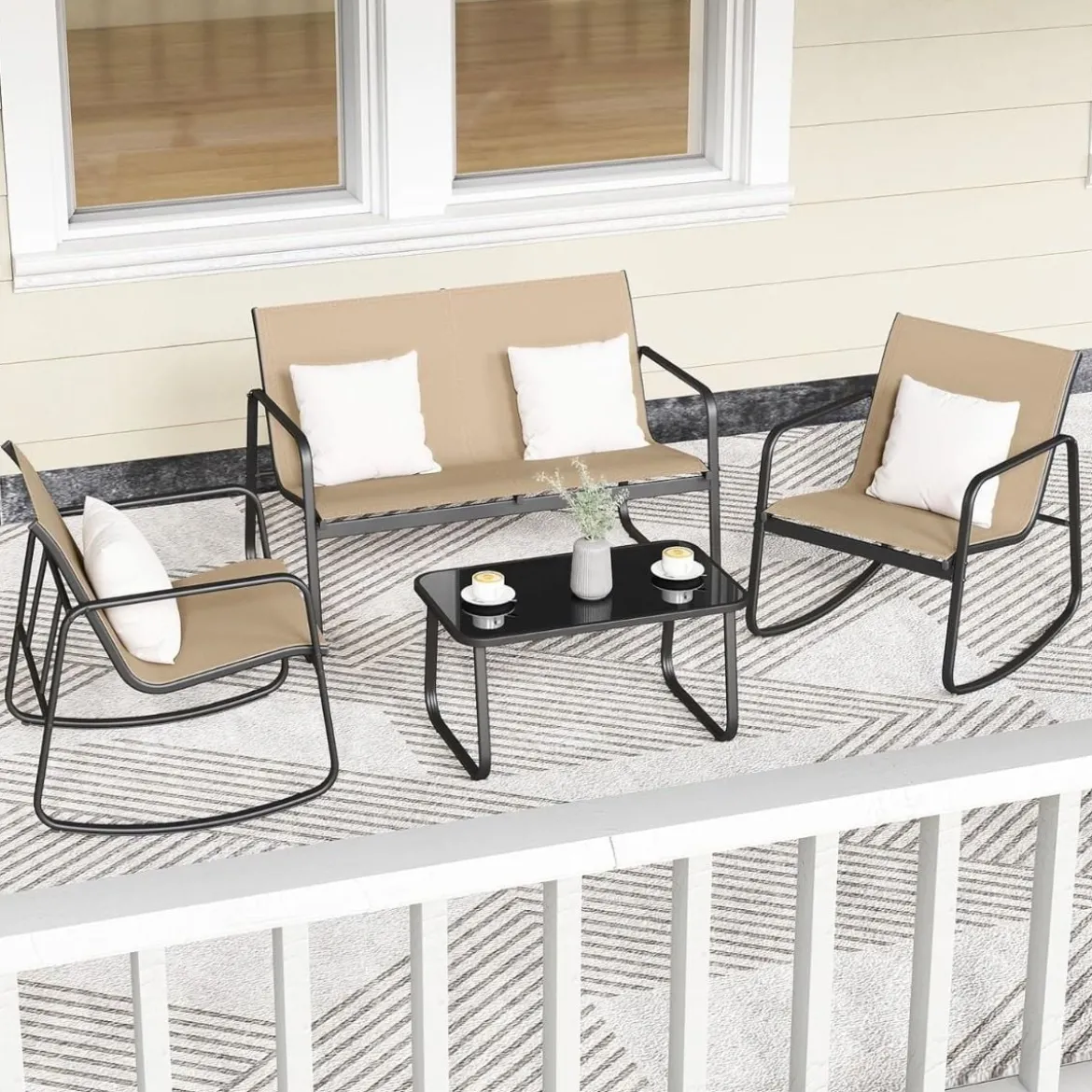 4-tlg. Gartenmöbel Set mit Sanfter Schaukelbewegung Terrassenmöbel Sitzgruppe Sitzgarnitur Braun