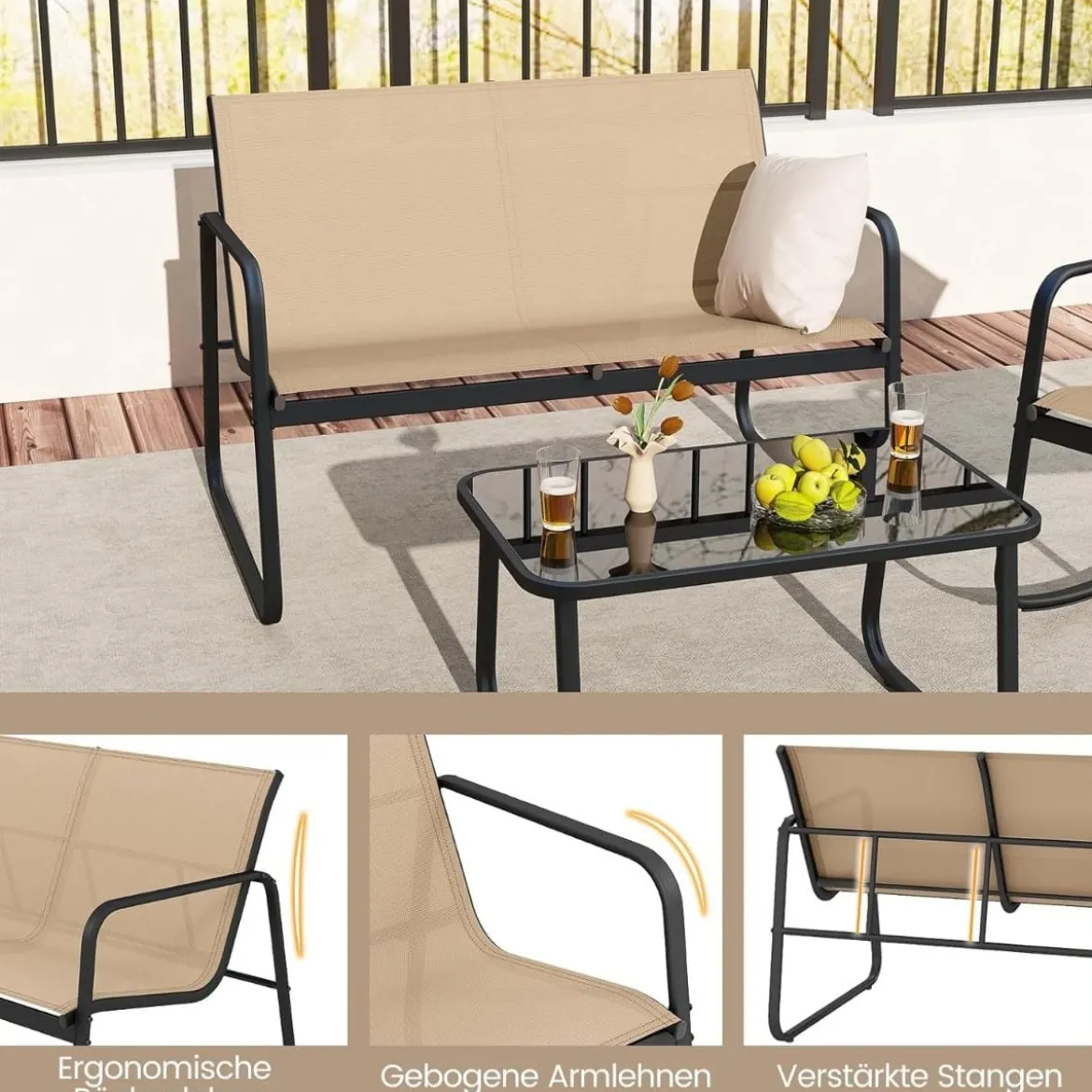 4-tlg. Gartenmöbel Set mit Sanfter Schaukelbewegung Terrassenmöbel Sitzgruppe Sitzgarnitur Braun