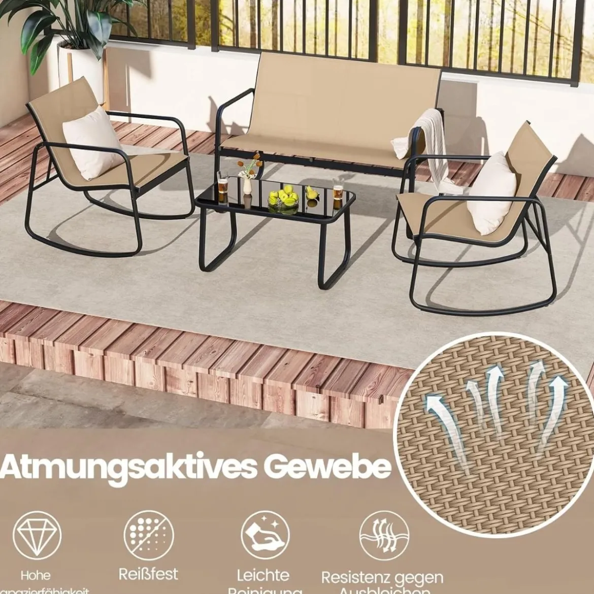 4-tlg. Gartenmöbel Set mit Sanfter Schaukelbewegung Terrassenmöbel Sitzgruppe Sitzgarnitur Braun